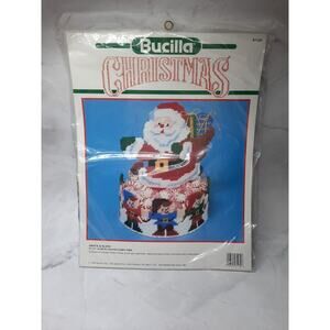 Vintage 1990 Bucilla Christmas Santa & Elves 61139 Plastic Canvas Candy Dish